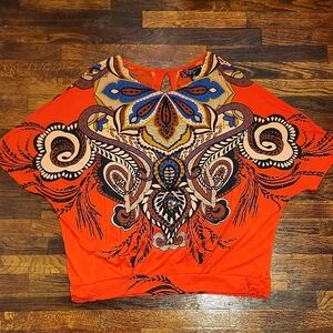Stunning EUC Peck & Peck Orange and Blue Patterned Blouse Beaded Embellishment